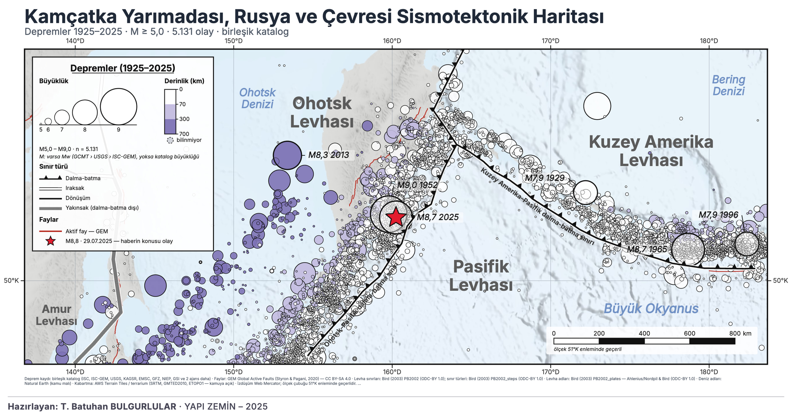 Kamçatka Yarımadası, Rusya ve Çevresi Sismotektonik Haritası: 1925–2025 M≥5 depremler, aktif faylar ve levha sınırları