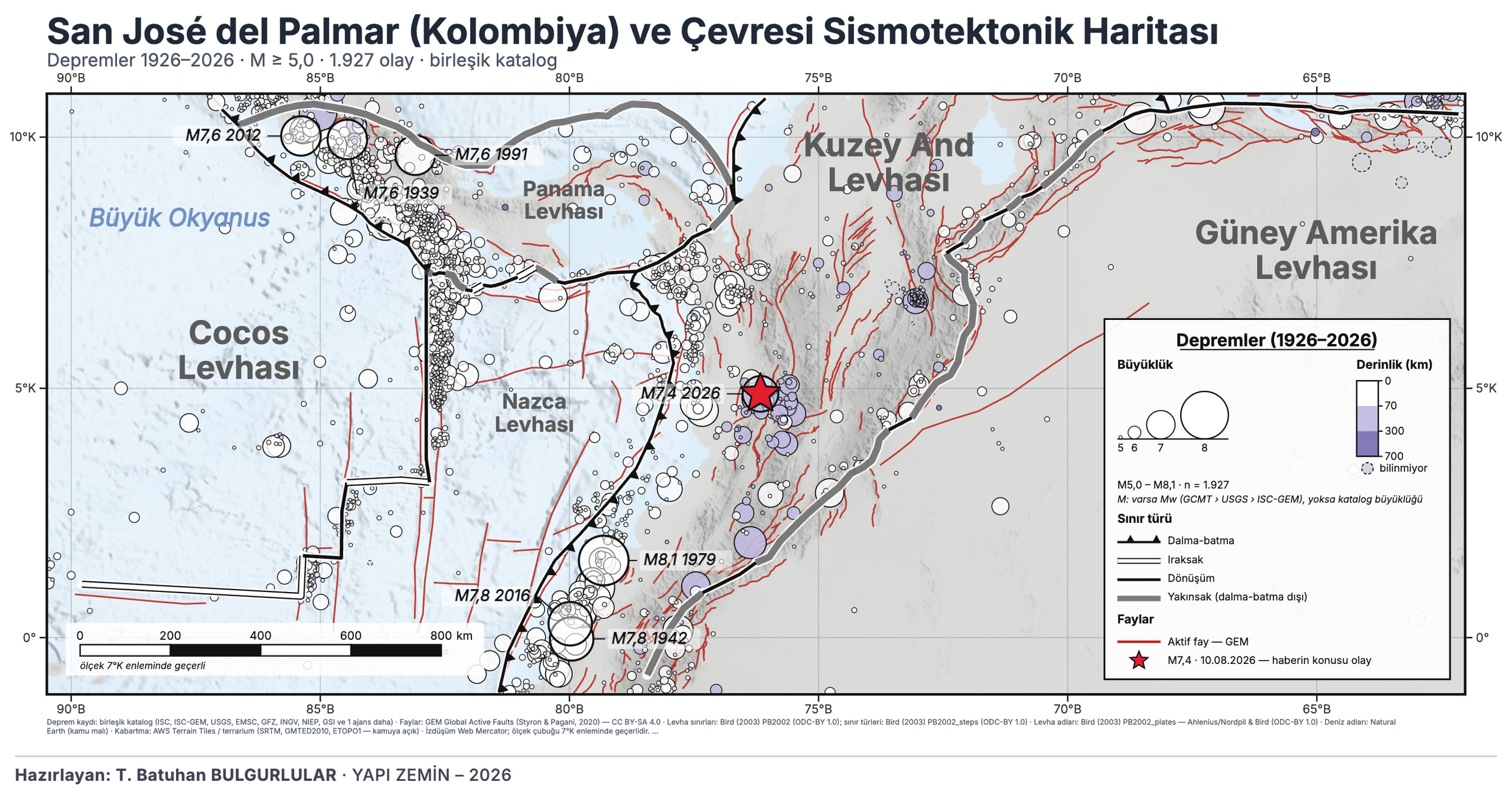 San José del Palmar (Kolombiya) ve Çevresi Sismotektonik Haritası: 1926–2026 M≥5 depremler, aktif faylar ve levha sınırları