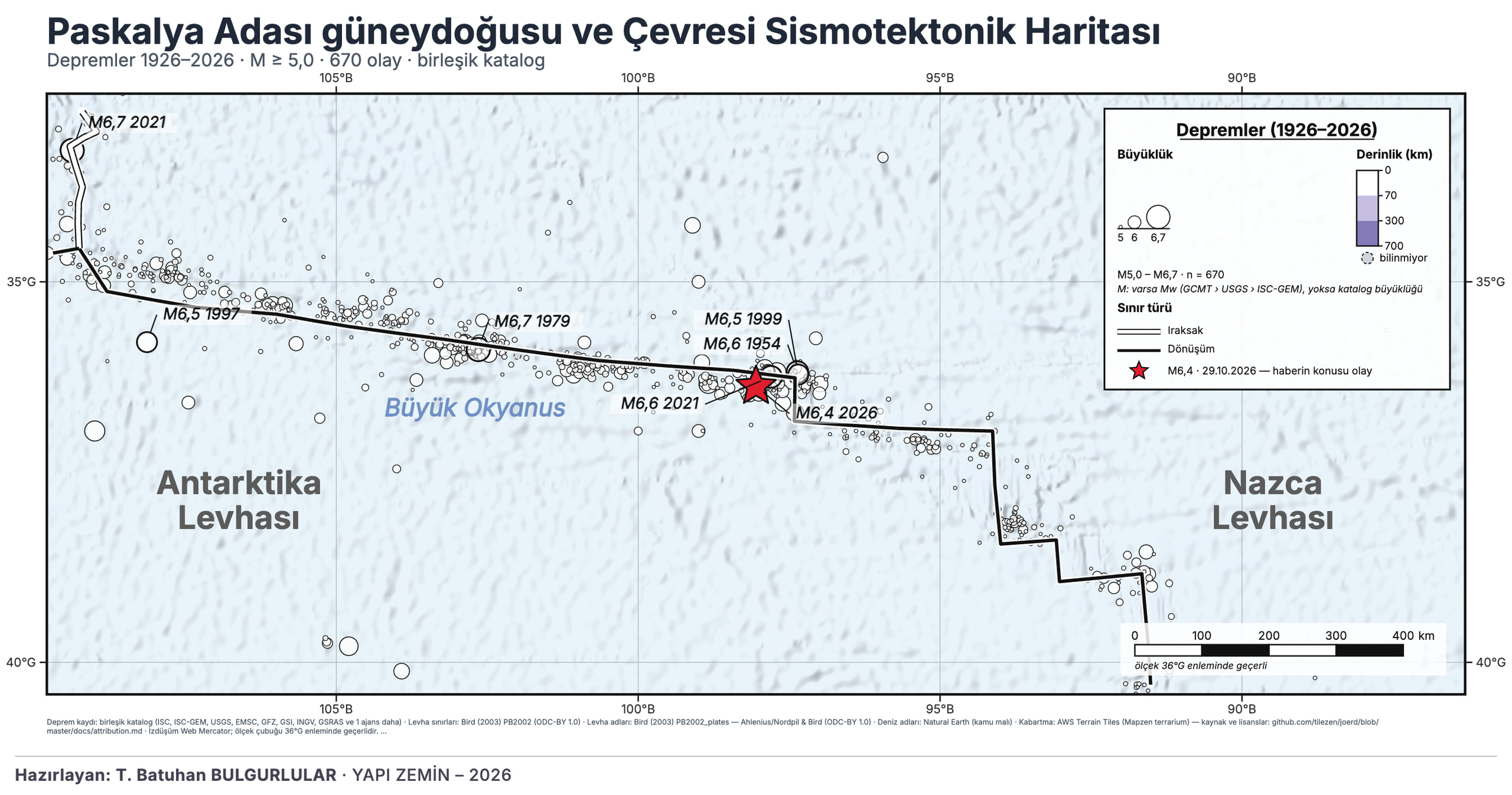 Paskalya Adası güneydoğusu ve Çevresi Sismotektonik Haritası: 1926–2026 M≥5 depremler ve levha sınırları