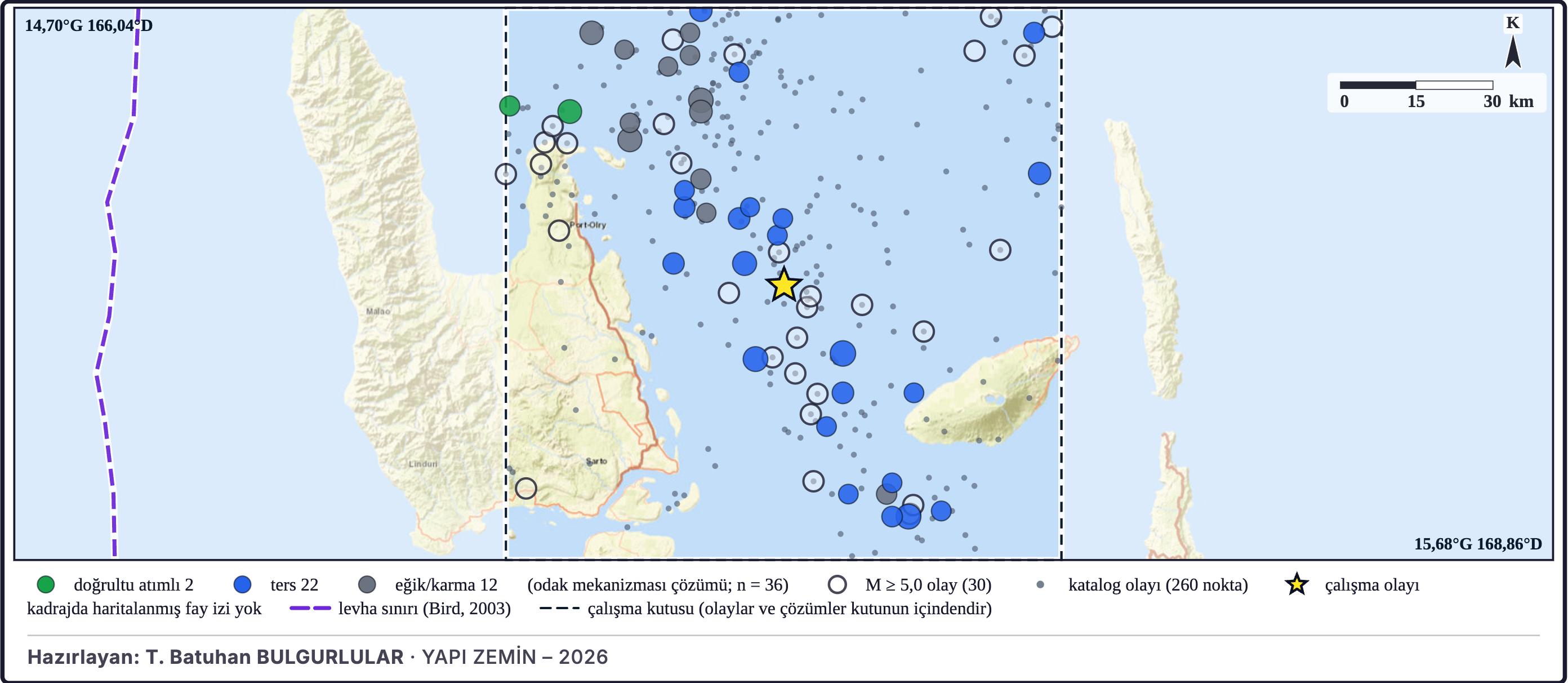 Tektonik çerçeve: çevredeki odak mekanizmaları — Port-Olry (Vanuatu), Mw 6,2