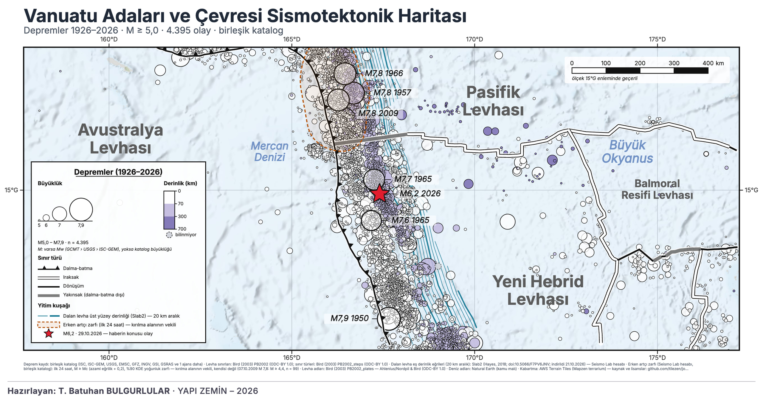Vanuatu Adaları ve Çevresi Sismotektonik Haritası: 1926–2026 M≥5 depremler ve levha sınırları