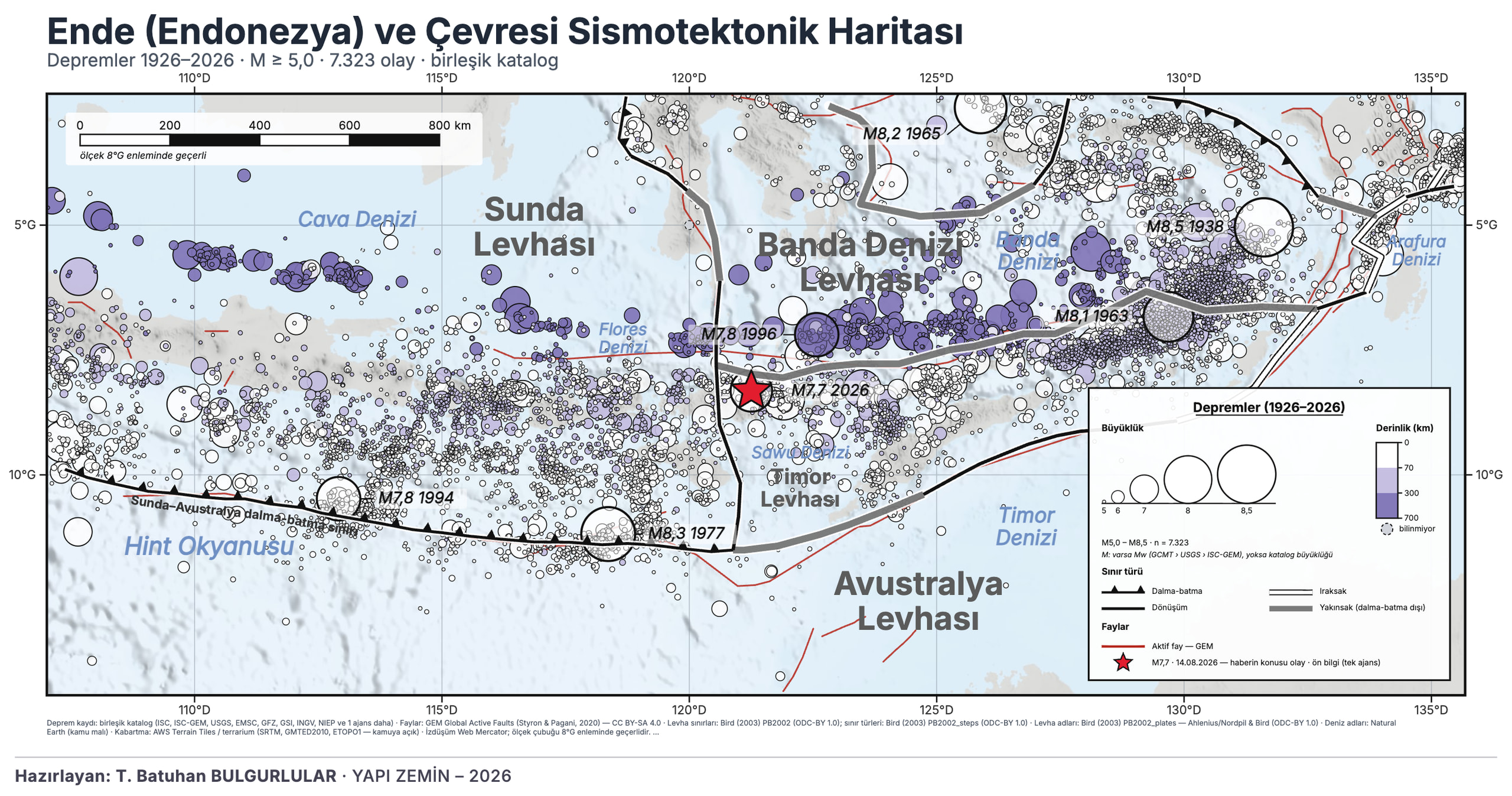 Ende (Endonezya) ve Çevresi Sismotektonik Haritası: 1926–2026 M≥5 depremler, aktif faylar ve levha sınırları