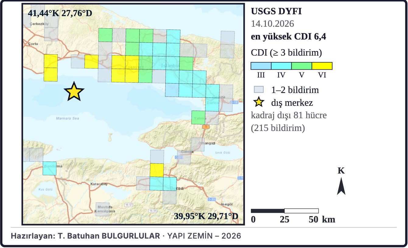 Şekil 7d. Hissedilme bildirimlerinin coğrafi dağılımı (USGS DYFI)