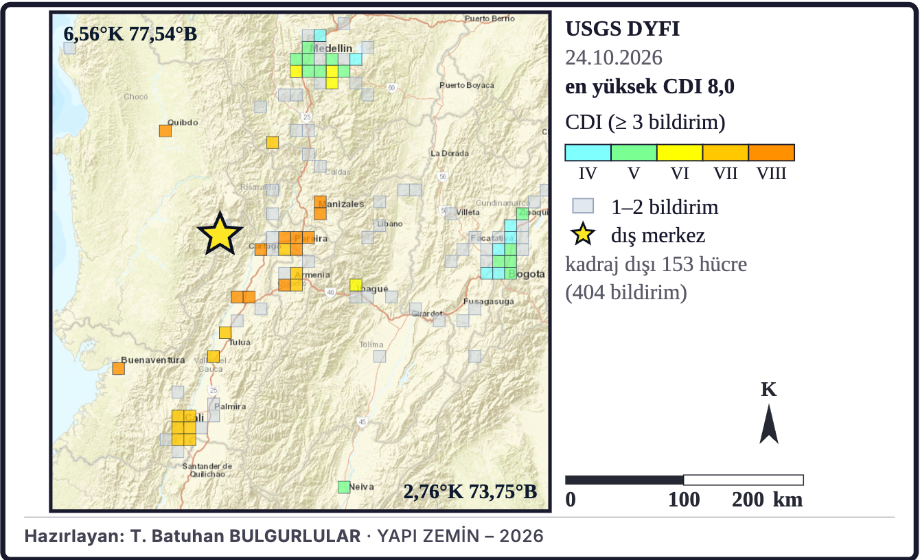 Şekil 14b. Hissedilme bildirimlerinin coğrafi dağılımı (USGS DYFI)
