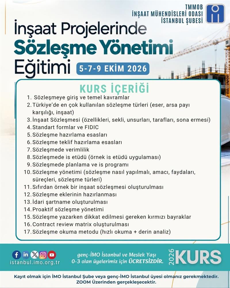 12. SÜRELİ SERTİFİKALI EĞİTİM | İNŞAAT PROJELERİNDE SÖZLEŞME YÖNETİMİ EĞİTİMİ - 5-7-9 EKİM 2026