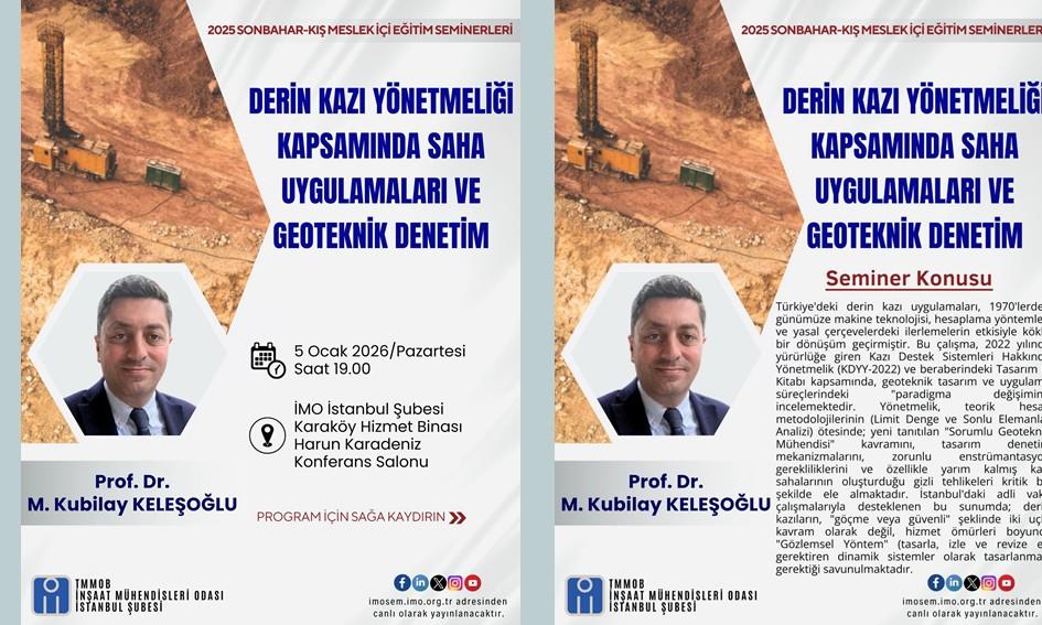 Derin Kazı Yönetmeliği Kapsamında Saha Uygulamaları ve Geoteknik Denetim Başlıklı Semineri – Prof. Dr. M. Kubilay Keleşoğlu afişi