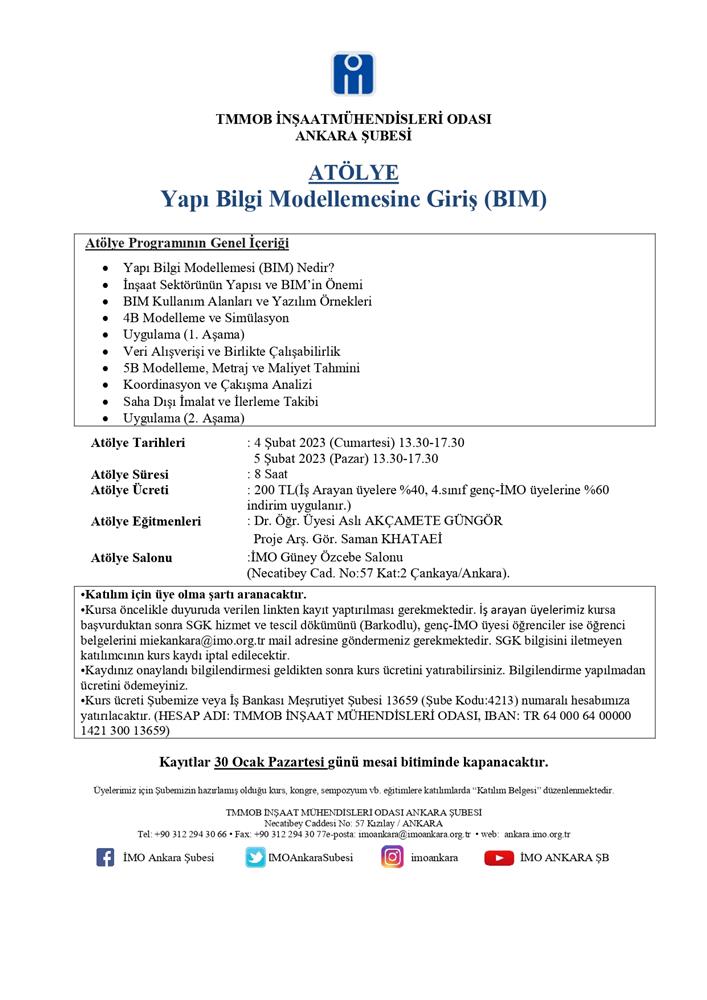 ATÖLYE: YAPI BİLGİ MODELLEMESİNE GİRİŞ (BIM)