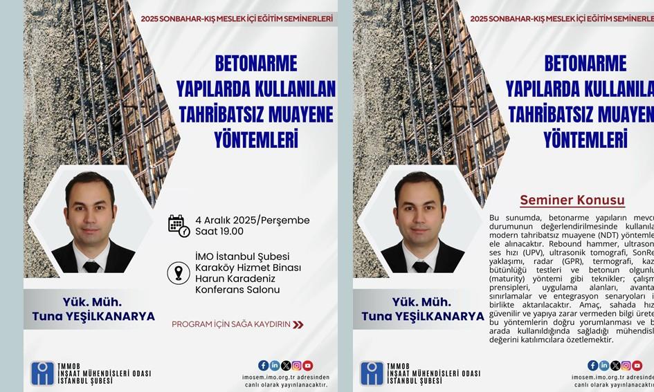 Betonarme Yapılarda Tahribatsız Muayene Yöntemleri Başlıklı Semineri – Yük. Müh. Tuna Yeşilkanarya afişi