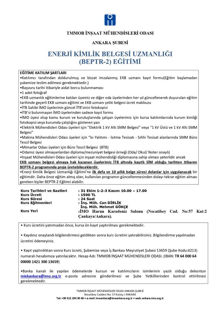 ENERJİ KİMLİK BELGESİ UZMANLIĞI (BEPTR-2) EĞİTİMİ