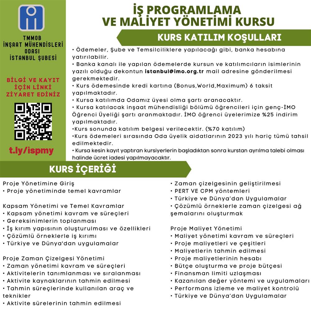 "İŞ PROGRAMLAMA VE MALİYET YÖNETİMİ KURSU" KAYITLARI BAŞLADI !
