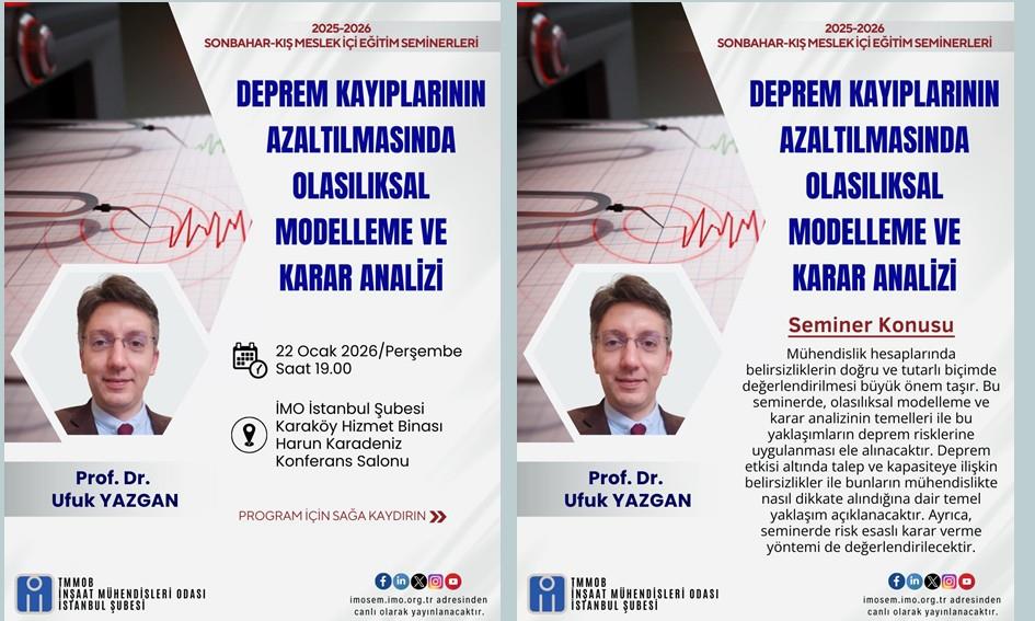 �’DEPREM KAYIPLARININ AZALTILMASINDA OLASILIKSAL MODELLEME VE KARAR ANALİZİ ‘’BAŞLIKLI SEMİNER- PROF.DR. UFUK YAZGAN afişi