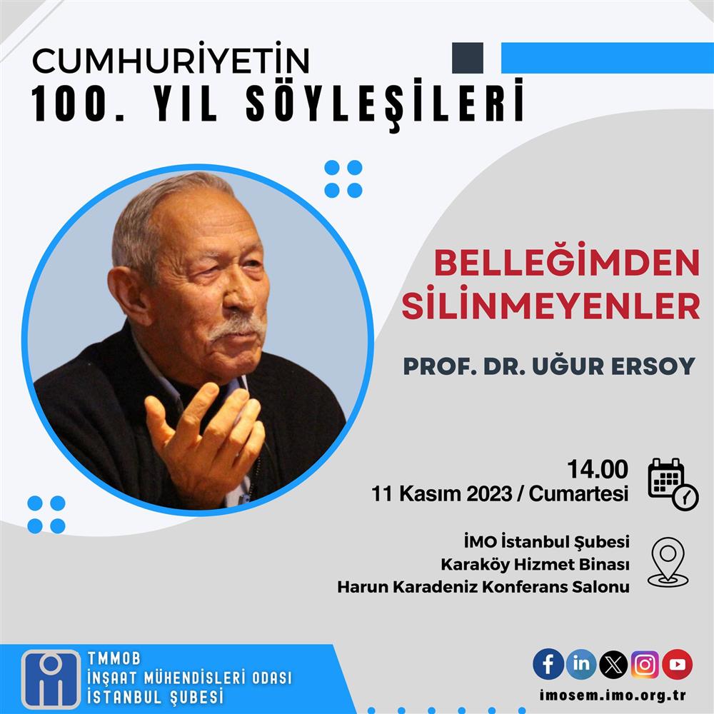 Cumhuriyetimizin 100. Yılı etkinlikleri kapsamında Belleğimden Silinmeyenler başlıklı Söyleşi-Prof.Dr.Uğur ERSOY afişi