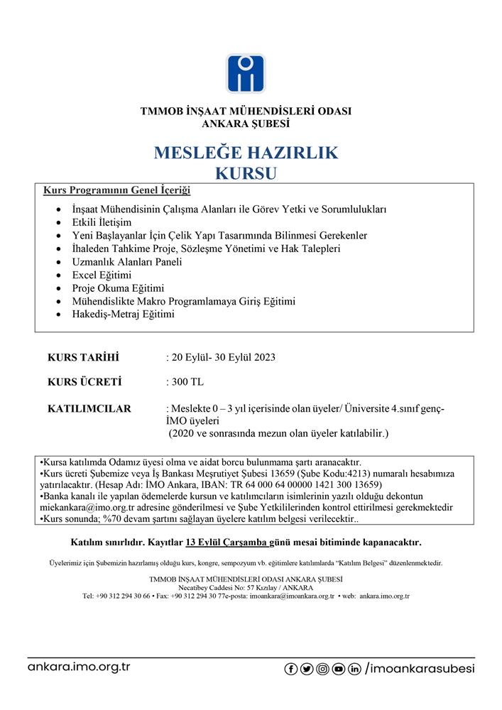 DUYURU: MESLEĞE HAZIRLIK KURSU