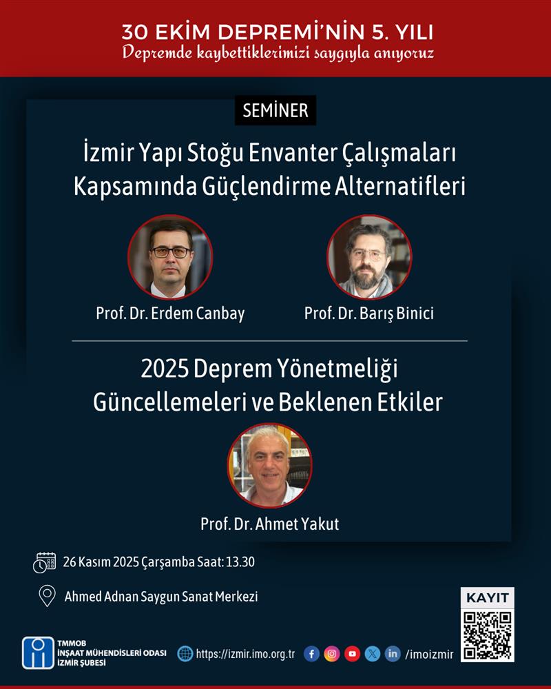 Seminer: İzmir Yapı Stoğu Envanter Çalışmaları Kapsamında Güçlendirme Alternatifleri - 2025 Deprem Yönetmeliği Güncellemeleri ve Beklenen Etkiler
