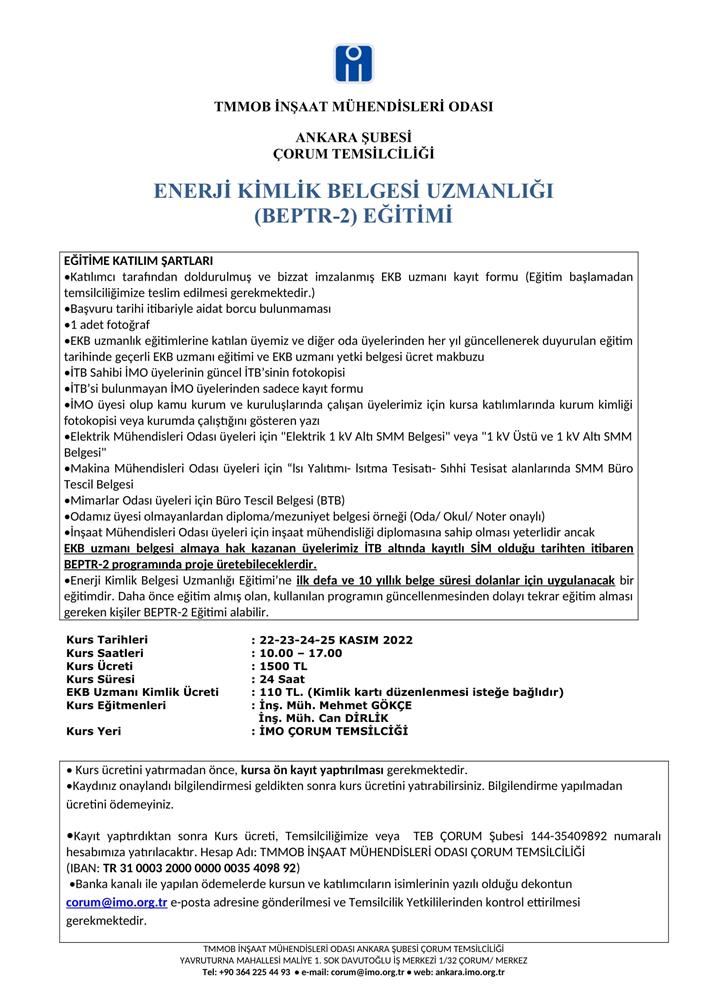 ENERJİ KİMLİK BELGESİ UZMANLIĞI (BEPTR-2) EĞİTİMİ (İMO ANKARA ŞUBESİ ÇORUM TEMSİLCİLİĞİ)
