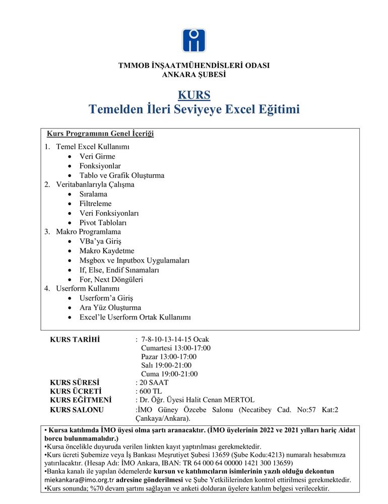 KURS: TEMELDEN İLERİ SEVİYEYE EXCEL EĞİTİMİ