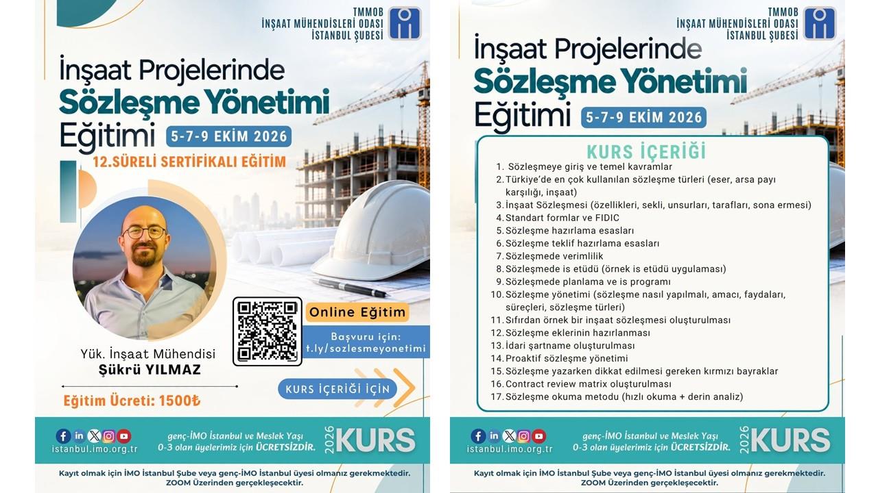 12. SÜRELİ SERTİFİKALI EĞİTİM | İNŞAAT PROJELERİNDE SÖZLEŞME YÖNETİMİ EĞİTİMİ - 5-7-9 EKİM 2026