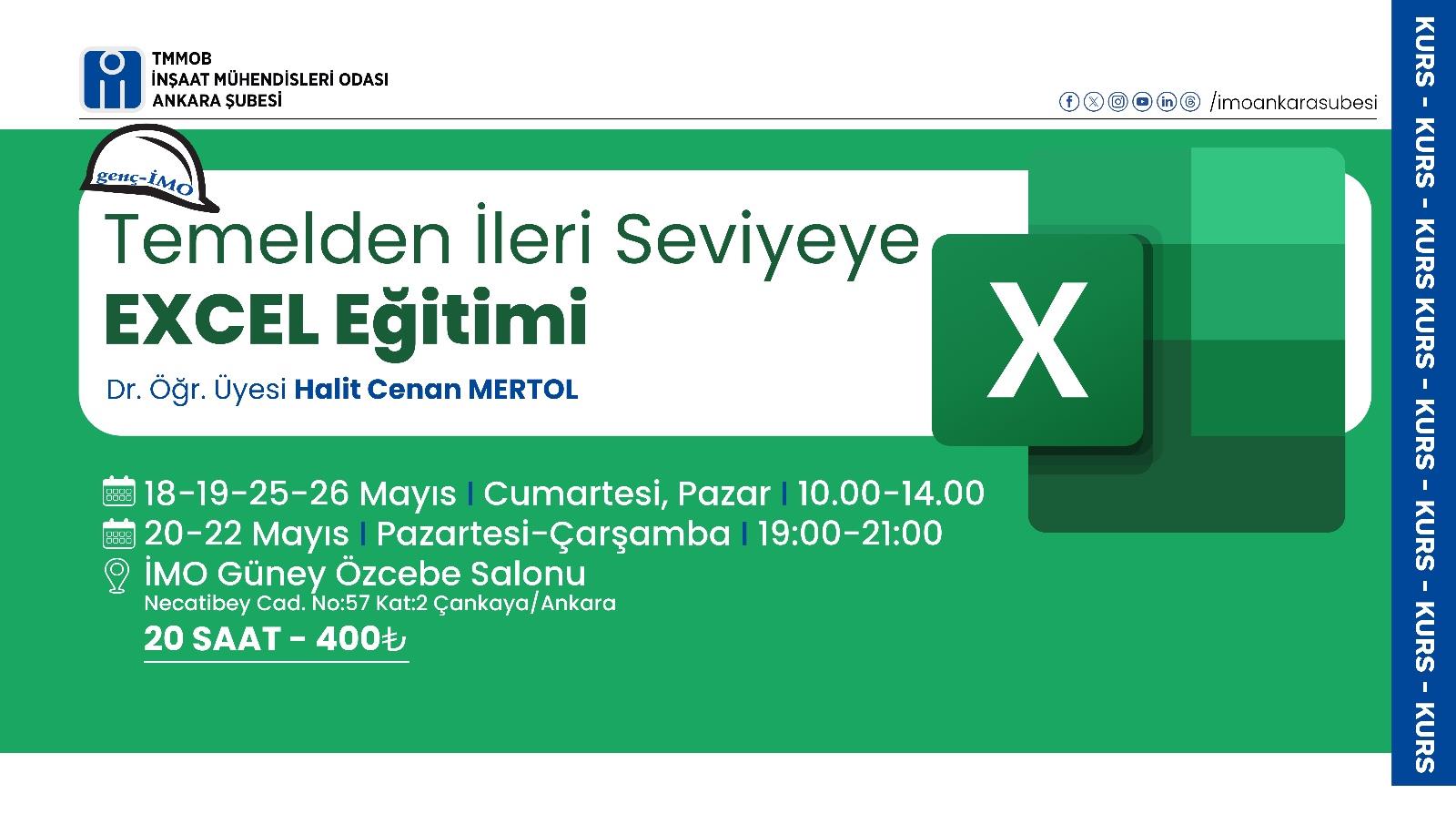 Kurs: Temelden İleri Seviyeye Excel Eğitimi – genç-İMO Üyelerine Özel afişi