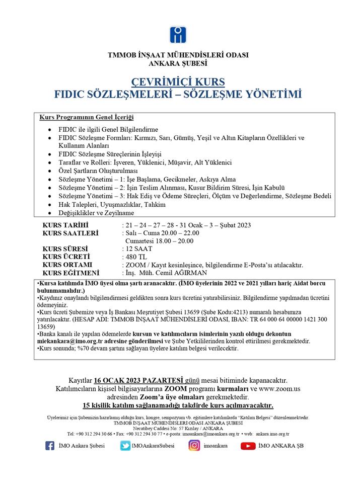 Bilgi Afişi - FIDIC Sözleşmeleri Sözleşme Yönetimi Eğitimi