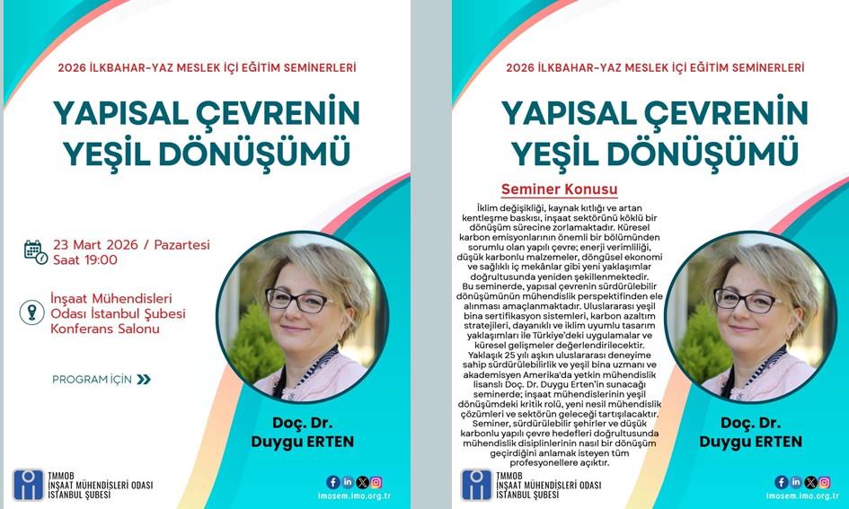Yapısal Çevrenin Yeşil Dönüşümü Semineri – Doç. Dr. Duygu Erten – 23 Mart 2026 afişi