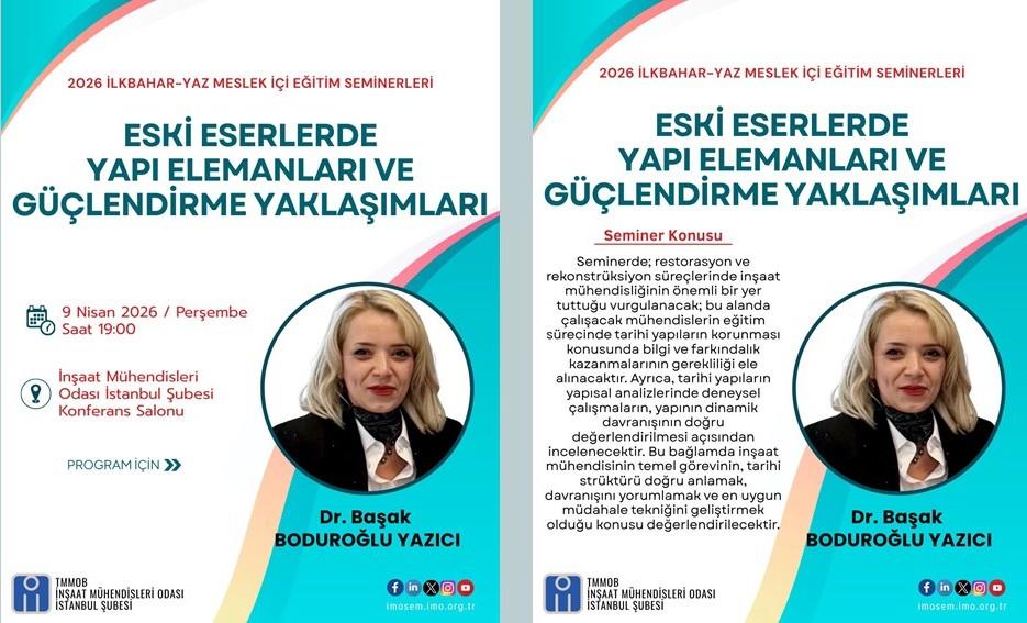 Eski Eserlerde Yapı Elemanları ve Güçlendirme Yaklaşımları Semineri – Dr. Başak Boduroğlu Yazıcı – 9 Nisan 2026 afişi